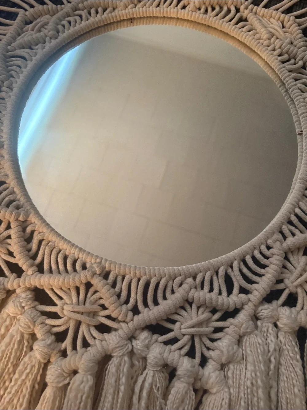 Boho Macramé Fringe Round Wall Mirror - Cream